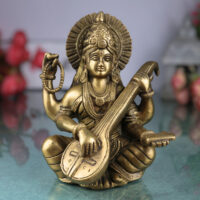 Brass Goddess Saraswati Idol, Sarasvati Statue, Vidya Devi, Saraswathi Silai For Puja And Home Decor, Gold, 6.5 Inch, 1 Piece
