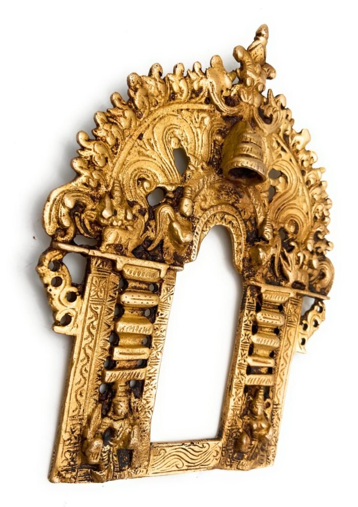 bhunes brass handcraved prabhavali frame arch wall hanging prabhawal for temple home decor prabhawali for diety prabhaval,gold, 8.5 inch, 1 piece