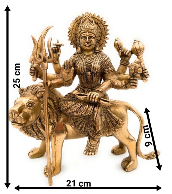 bhunes brass durga idol |goddess durga | durga maa | durga maa brass statue | goddess durga idol for home | goddess durga statue | durga devi statue for home | mandir | sherawali,gold, 10 inch, 1 piece