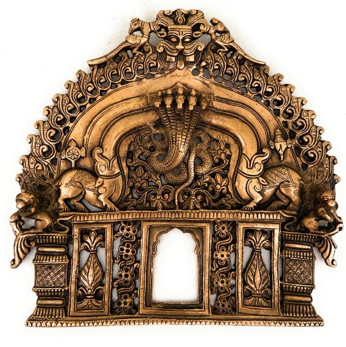 bhunes brass beautiful prabhavali with shashnag frame arch wall hanging prabhawal for temple home decor prabhawali for diety prabhaval,gold, 8 inch, 1 piece