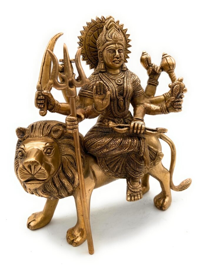 bhunes brass durga idol |goddess durga | durga maa | durga maa brass statue | goddess durga idol for home | goddess durga statue | durga devi statue for home | mandir | sherawali,gold, 10 inch, 1 piece