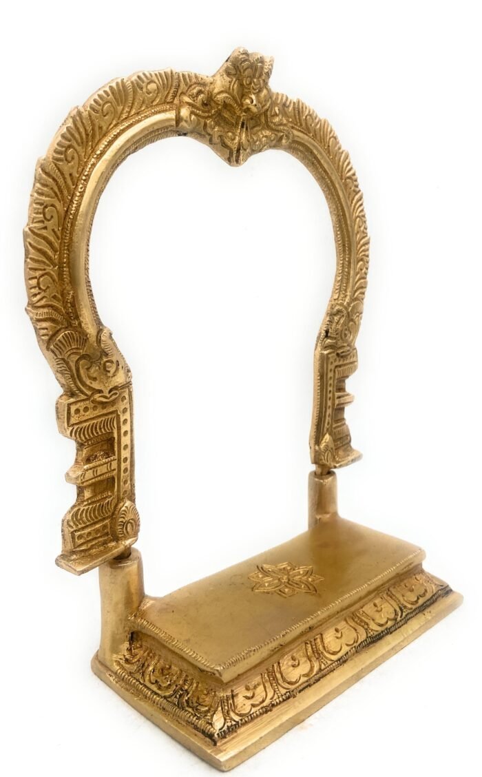 bhunes brass chowki shinghashan peetha with prabhavali for god peeta peetalu peetham bajot for temple sinhasan with frame prabhaval pooja mandir prabhawali stand,gold, 8 inch, 1 piece