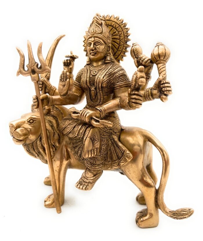 bhunes brass durga idol |goddess durga | durga maa | durga maa brass statue | goddess durga idol for home | goddess durga statue | durga devi statue for home | mandir | sherawali,gold, 10 inch, 1 piece