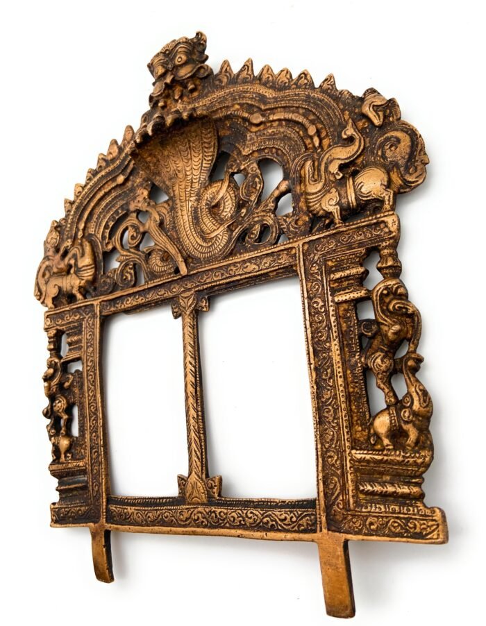 bhunes brass prabhavali frame arch wall hanging prabhawal with shesnag prabhawali for diety prabhaval for temple home decor,gold, 10 inch, 1 piece