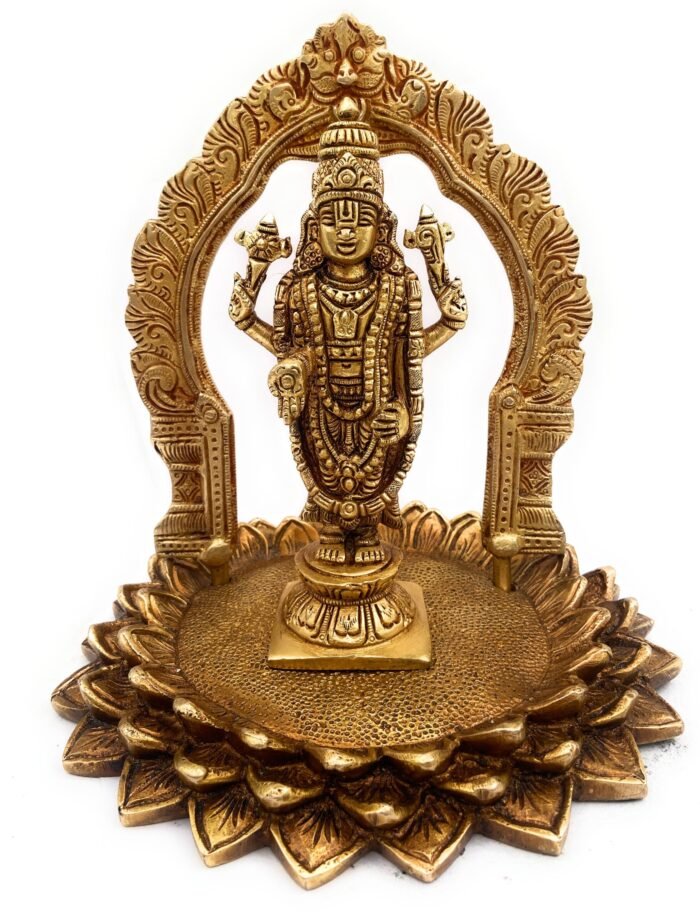 bhunes brass venkateshwara tirupati balaji murti idol for pooja room and home décor, tirupathi venketeshwara silai on lotus,gold, 8 inch, 1 piece