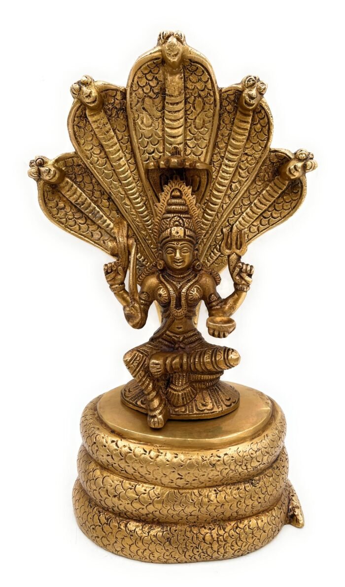 bhunes brass goddess mariamman idols, mariyamman devi karumariamman silai amman statues mariyamma on sheshnag shinghashan,gold, 10.5 inch, 1 piece