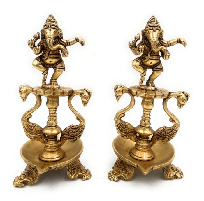 bhunes brass ganesh diya, pooja ganesha lamp, deep, deepam, lamps for home temple décor set of 2,gold, 6.5 inch, 1 piece