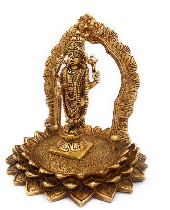 bhunes brass venkateshwara tirupati balaji murti idol for pooja room and home décor, tirupathi venketeshwara silai on lotus,gold, 8 inch, 1 piece