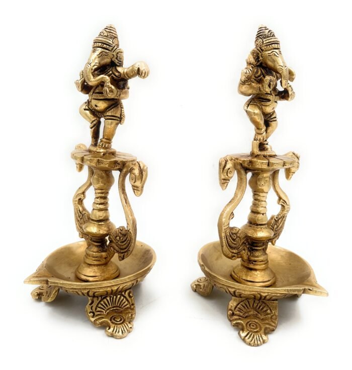 bhunes brass ganesh diya, pooja ganesha lamp, deep, deepam, lamps for home temple décor set of 2,gold, 6.5 inch, 1 piece