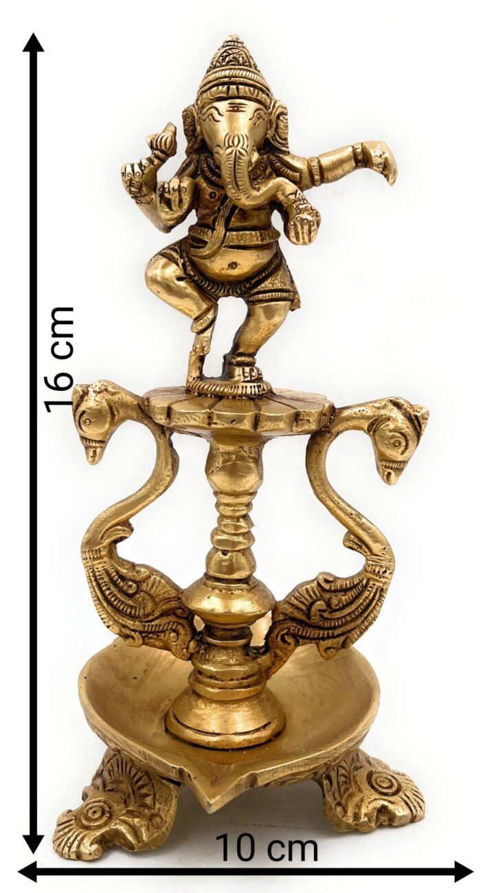 bhunes brass ganesh diya, pooja ganesha lamp, deep, deepam, lamps for home temple décor set of 2,gold, 6.5 inch, 1 piece