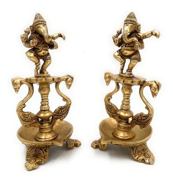 bhunes brass ganesh diya, pooja ganesha lamp, deep, deepam, lamps for home temple décor set of 2,gold, 6.5 inch, 1 piece