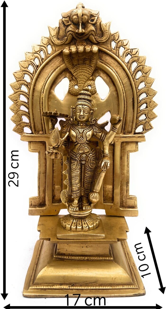 bhunes brass lord bhagwan vishnu maha chaturbhuj vishnu idol statue standing with prabhavali, shri narayana murti, for pooja room, mandir temple home décor wedding housewarming gift item,gold, 11.5 inch, 1 piece