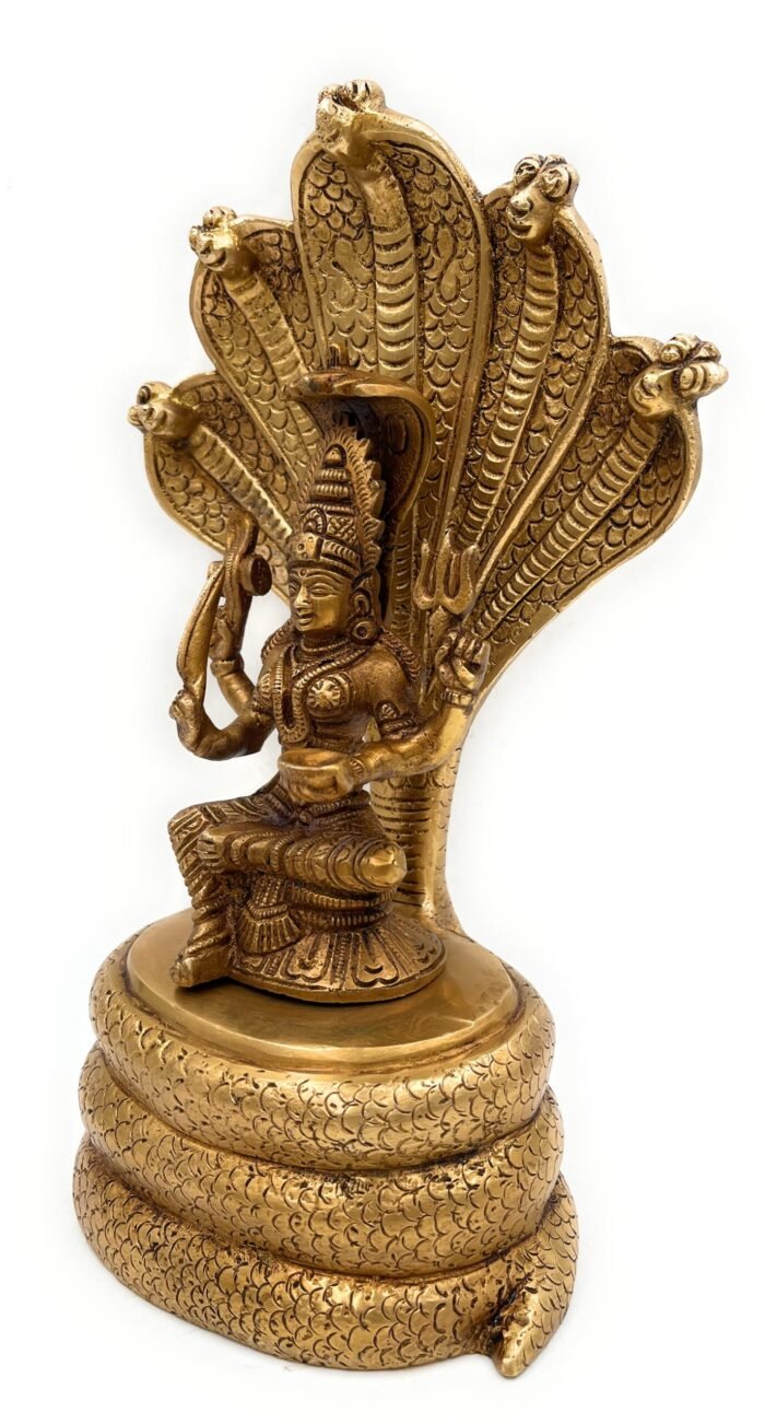 bhunes brass goddess mariamman idols, mariyamman devi karumariamman silai amman statues mariyamma on sheshnag shinghashan,gold, 10.5 inch, 1 piece