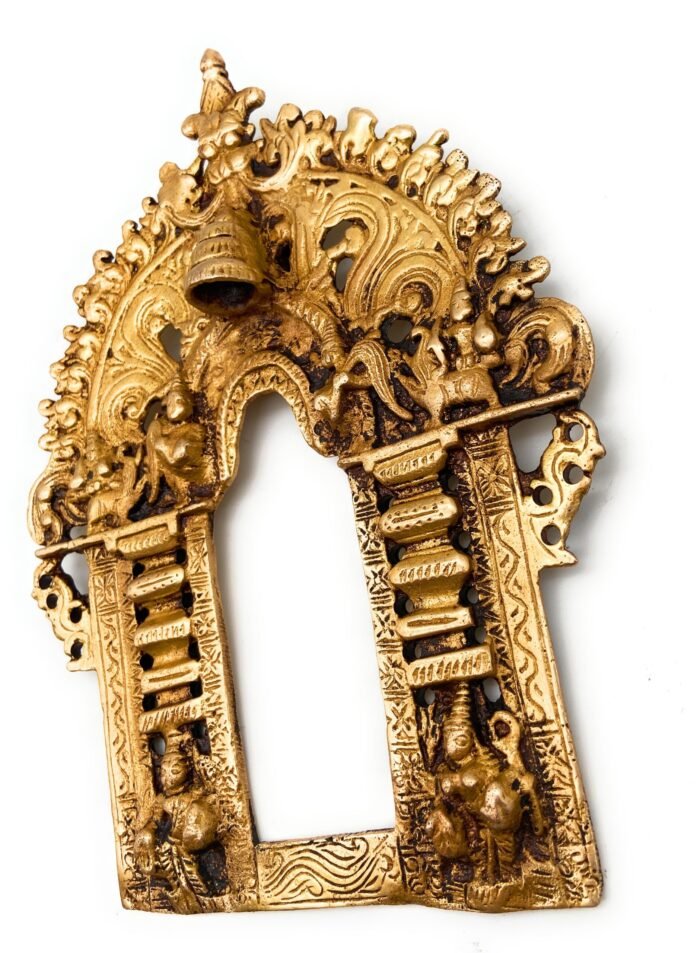 bhunes brass handcraved prabhavali frame arch wall hanging prabhawal for temple home decor prabhawali for diety prabhaval,gold, 8.5 inch, 1 piece