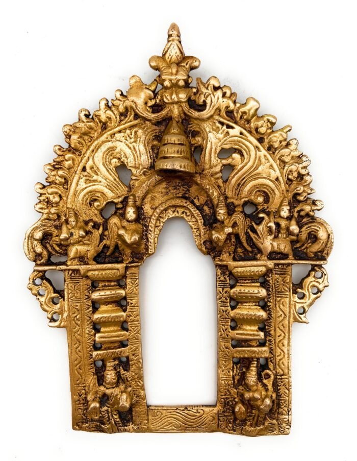 bhunes brass handcraved prabhavali frame arch wall hanging prabhawal for temple home decor prabhawali for diety prabhaval,gold, 8.5 inch, 1 piece