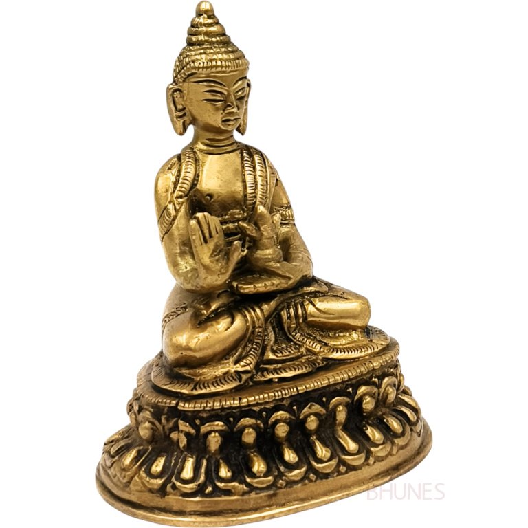 bhunes brass lord buddha statue for pooja and home decor, gifts, murthi,gold, 4 inch, 1 piece