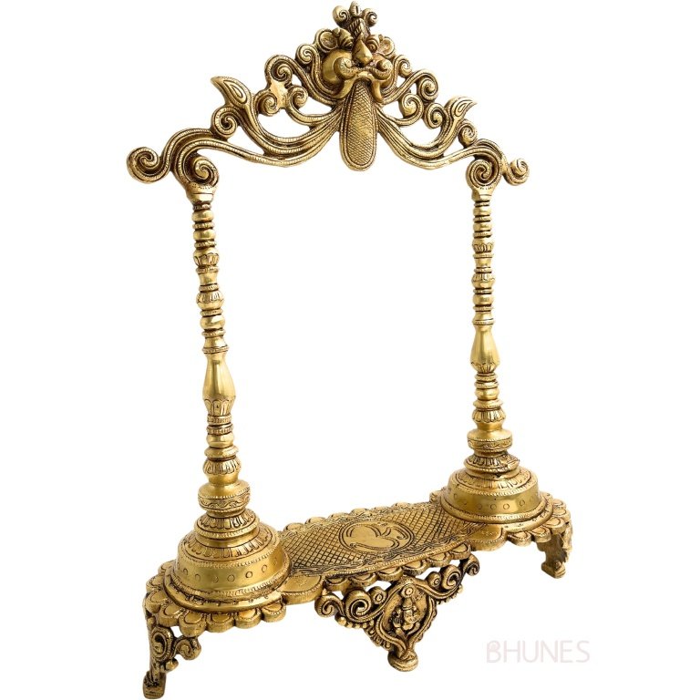 bhunes brass chowki with prabhavali, shinghashan, peetha, peeta, peetalu, peetham bajot for temple sinhasan,gold, 19 inch, 1 piece