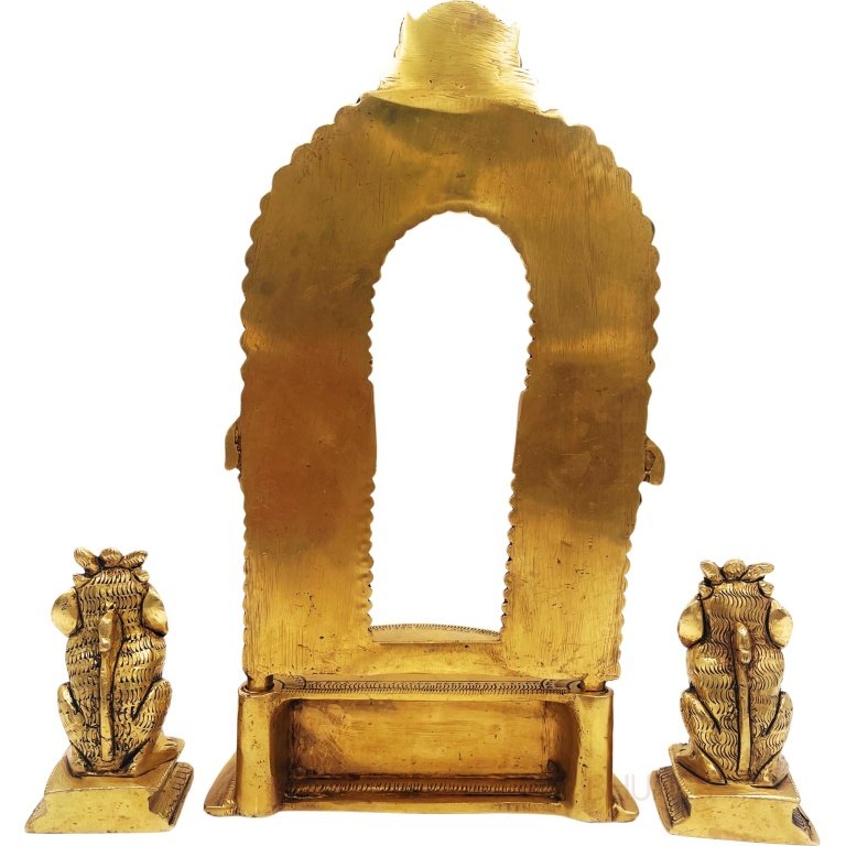 bhunes brass chowki with prabhavali and yali, shinghashan with lion, peetha, peeta, peetalu, peetham bajot for temple sinhasan,gold, 11 inch, 1 piece