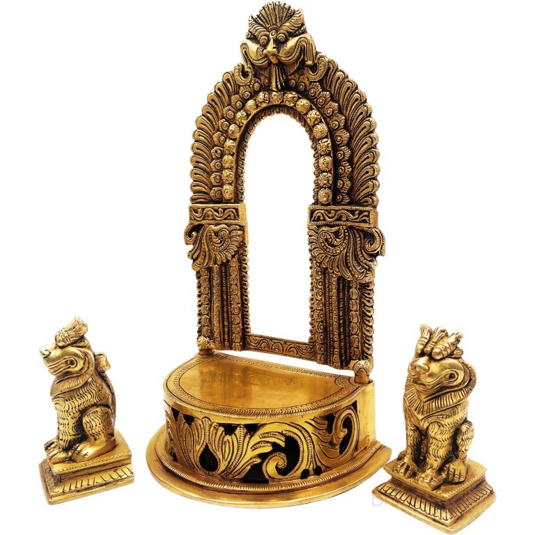 bhunes brass chowki with prabhavali and yali, shinghashan with lion, peetha, peeta, peetalu, peetham bajot for temple sinhasan,gold, 11 inch, 1 piece