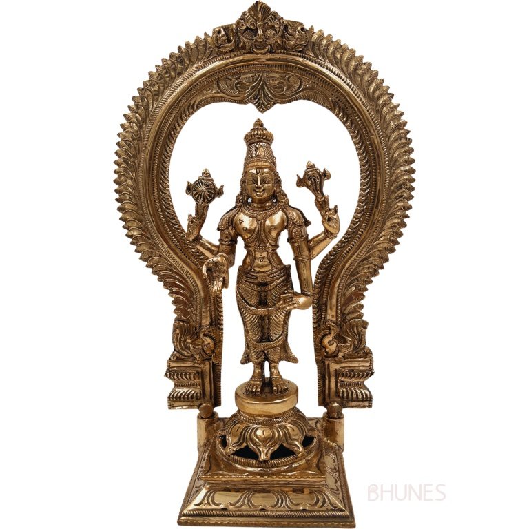 bhunes bronze vishnu idol with prabhavali, vishnu ji ki murti, narayan statue for home decor and pooja,gold, 11.5 inch, 1 piece