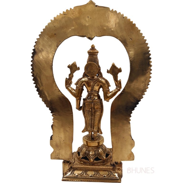 bhunes bronze vishnu idol with prabhavali, vishnu ji ki murti, narayan statue for home decor and pooja,gold, 11.5 inch, 1 piece