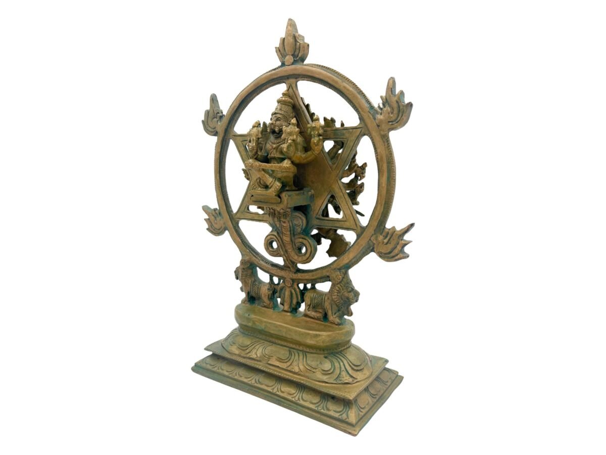 bhunes bronze chakrathalwar sudarshanar vigraham, swami sudarshana idol for pooja, vishnu yoga narasimha statue,brown, 13 inch, 1 piece