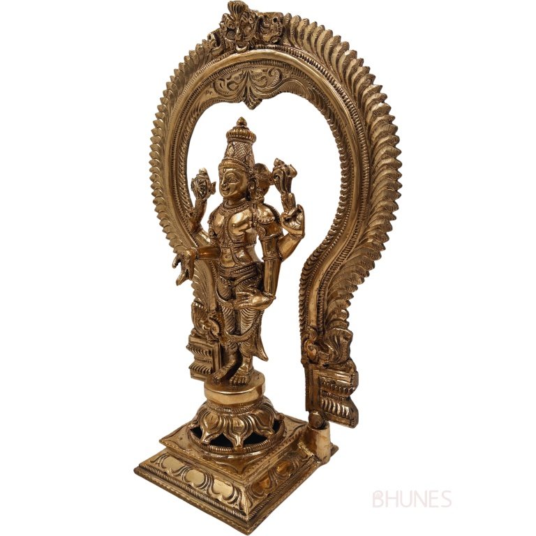 bhunes bronze vishnu idol with prabhavali, vishnu ji ki murti, narayan statue for home decor and pooja,gold, 11.5 inch, 1 piece