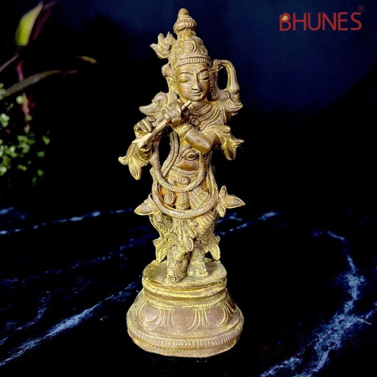 bhunes bronze lord krishna idols, sri krishna statues, for pooja gift showpiece, home decor,brown, 6 inch, 1 piece