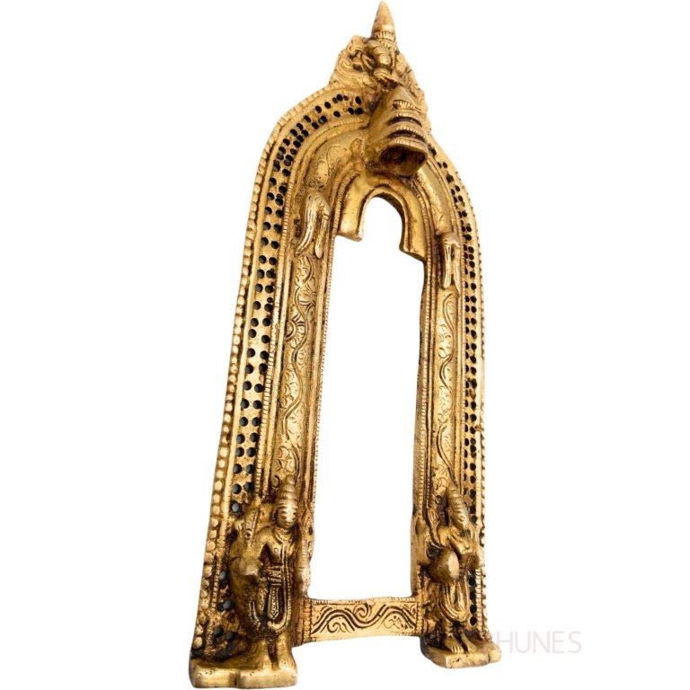 bhunes brass hand craved prabhavali frame arch wall hanging prabhawal for temple home decor prabhawali for dieties prabhaval,gold, 13 inch, 1 piece