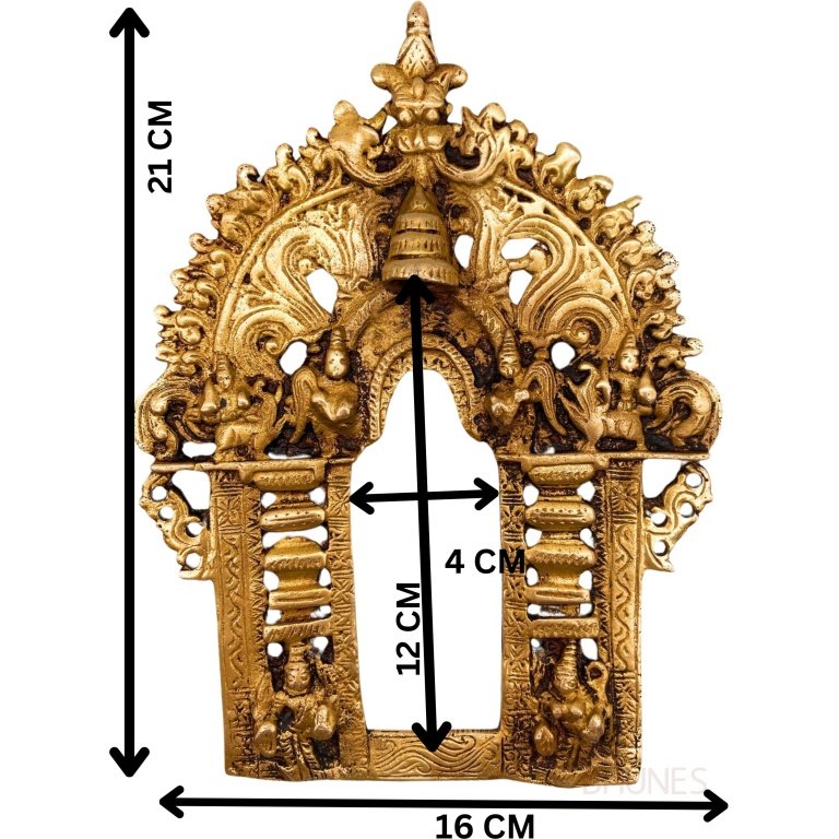 bhunes brass handcraved prabhavali frame arch wall hanging prabhawal for temple home decor prabhawali for diety prabhaval,gold, 8.5 inch, 1 piece