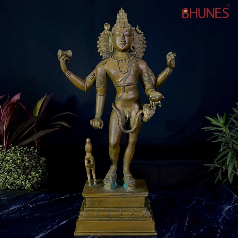 bhunes bronze bhikshatana idol, shiva murti, panchaloha bhikshtana statue, bhairava bhairav murti,brown, 21.5 inch, 1 piece