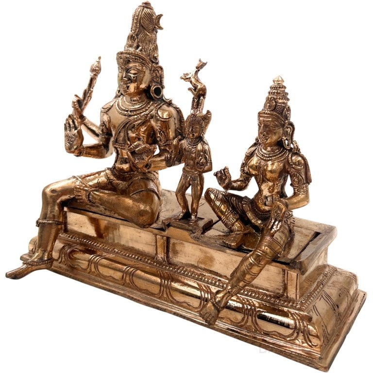 bronze somaskanda, soma skanda, shiva parvati murti, shiv parwathi, uma maheshwara idols, uma shankar silai, umamaheshwaram, umamaheswara silai,gold, 6.5 inch, 1 piece