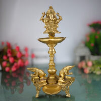 Brass Lamp With 3 Diya, Lord Ganesha Lamps, Ganesh Deepam Murti, Ganapati Deepa For Table And Home Decor,Gold, 15 Inch, 1 Piece