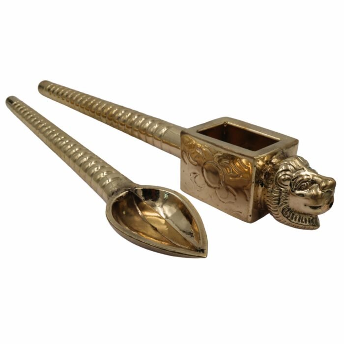 bhunes brass lion head homa spoon set for vedic sacrifices yajna, achamani spoons for havan,gold, 18.5 inch, 1 piece