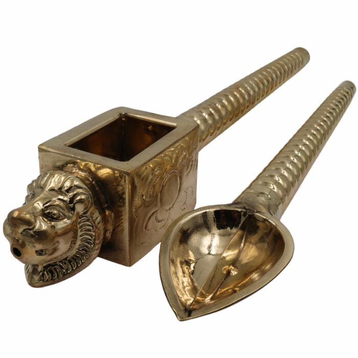 bhunes brass lion head homa spoon set for vedic sacrifices yajna, achamani spoons for havan,gold, 18.5 inch, 1 piece