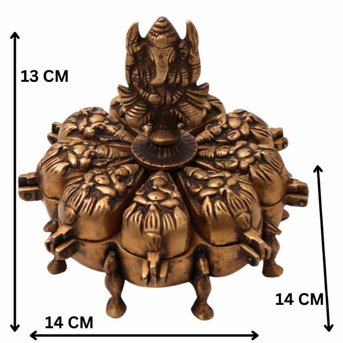 bhunes brass decorative boxes, box, multipurpose boxes, sindoor boxes, sindhur box, antique, box with ganesha idol on top,gold, 5 inch, 1 piece