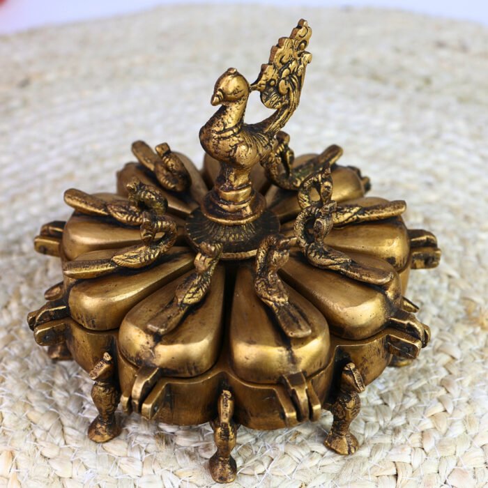 bhunes brass decorative boxes, box, multipurpose boxes, sindoor boxes, sindhur box, antique, box with peacock opener,gold, 5 inch, 1 piece