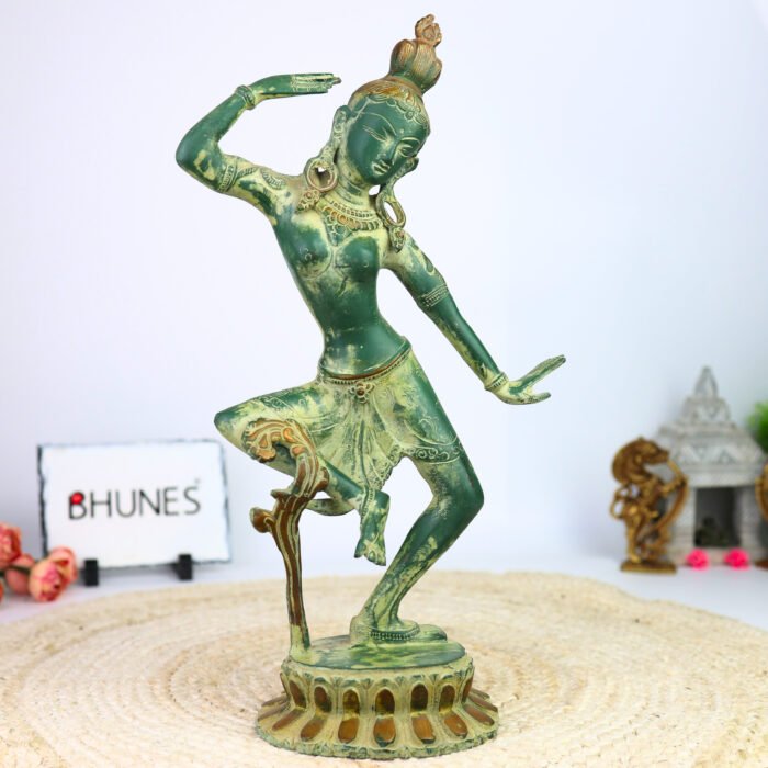 bhunes brass dancing tara idol – antique apsara lady statue | exquisite handcrafted divine sculpture,green, 15.5 inch, 1 piece