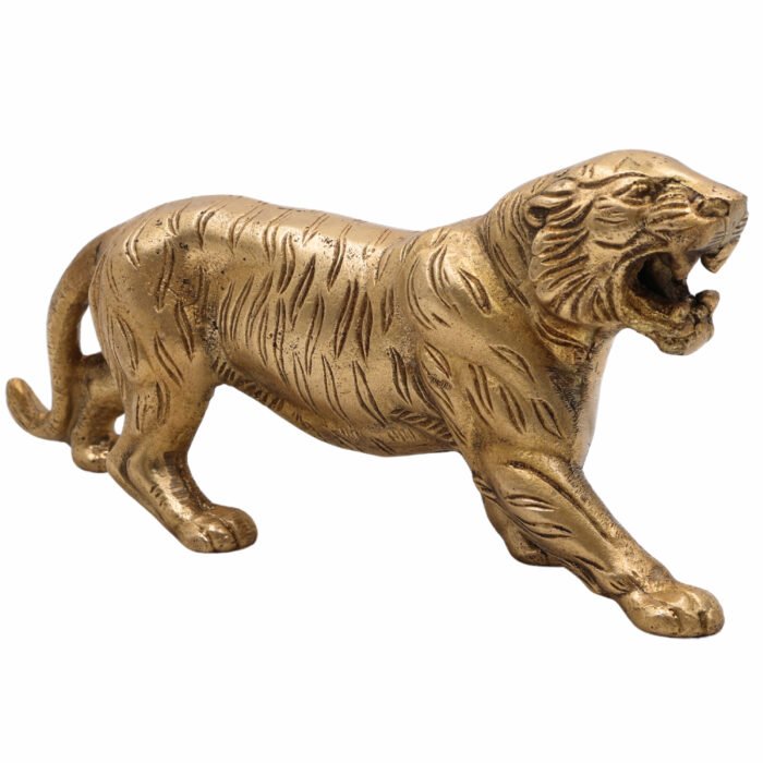 bhunes brass tiger statue – handcrafted sher ki murti | simha silai for home & office décor,gold, 4.5 inch, 1 piece