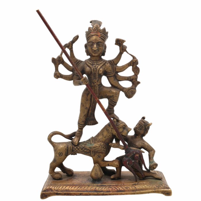 bhunes brass antique vintage goddess mahisasura mardini durga idol – handcrafted devi murti for home, temple & spiritual décor,gold, 8 inch, 1 piece