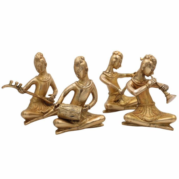 bhunes brass musical folk idols – set of 4 traditional indian musicians | handcrafted vintage décor,gold, 6.5 inch, 1 piece