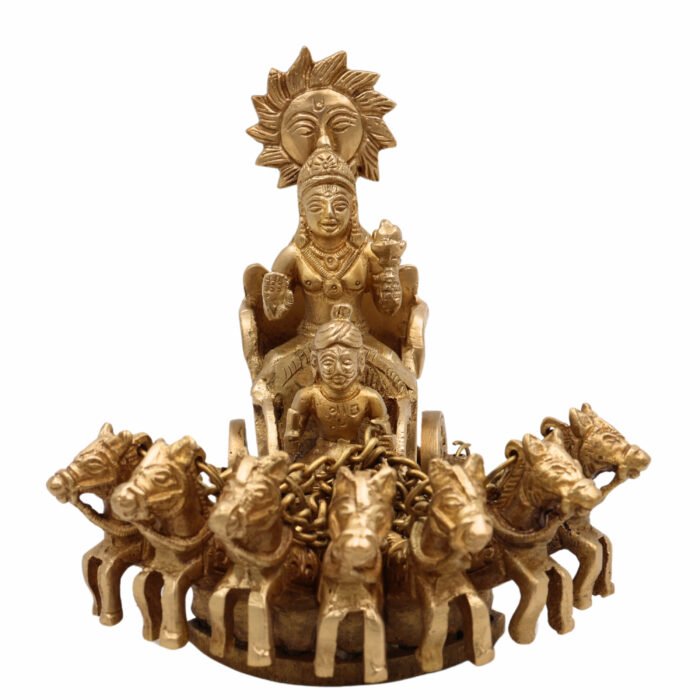 bhunes brass lord surya dev rath idol – handcrafted sun god statue with seven horses for pooja & home décor,gold, 5.5 inch, 1 piece