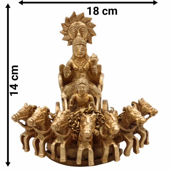 bhunes brass lord surya dev rath idol – handcrafted sun god statue with seven horses for pooja & home décor,gold, 5.5 inch, 1 piece