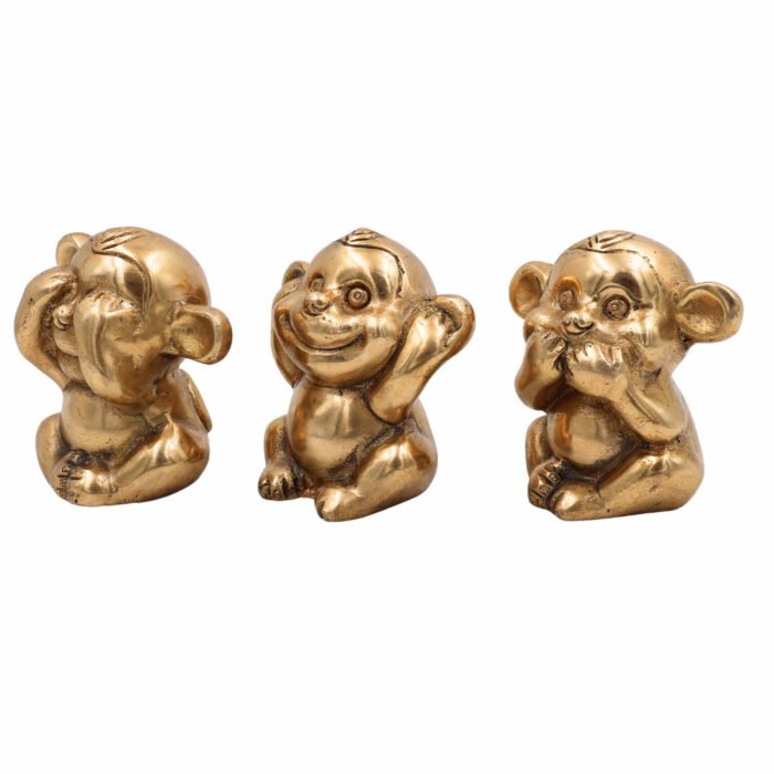 bhunes brass mahatma gandhi three wise monkeys statue – hear no evil, see no evil, speak no evil showpiece,gold, 3 inch, 1 piece