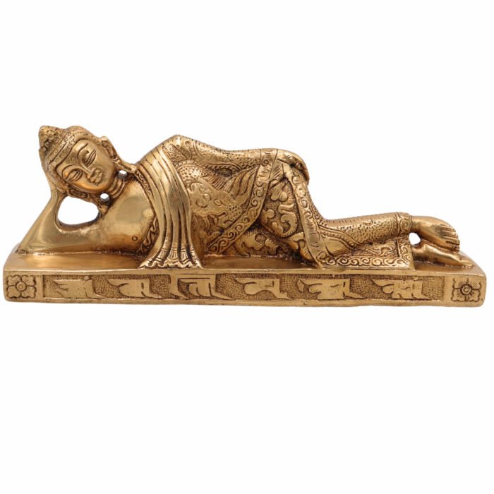 bhunes brass sleeping buddha idol – handcrafted reclining buddha statue for home, office & spiritual decor,gold, 3 inch, 1 piece