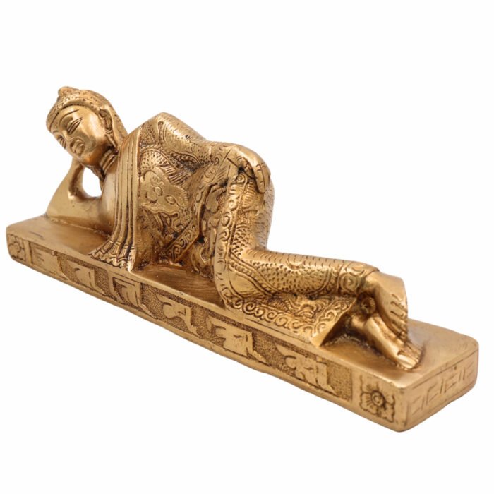 bhunes brass sleeping buddha idol – handcrafted reclining buddha statue for home, office & spiritual decor,gold, 3 inch, 1 piece