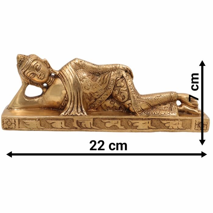 bhunes brass sleeping buddha idol – handcrafted reclining buddha statue for home, office & spiritual decor,gold, 3 inch, 1 piece