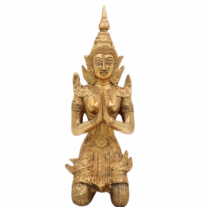 bhunes brass antique welcome lady sculpture, wel come lady idol in namaskar for home decor, gifts,gold, 10.5 inch, 1 piece