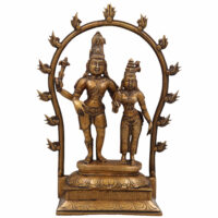 Brass Shiva Parvati Idol with Prabhavali, Mahadeva Shankar Murti, Bholenath Parvati Statue for Home Temple, Pooja Sculpture, Spiritual Decor,Gold, 14 Inch, 1 Piece - Image 2