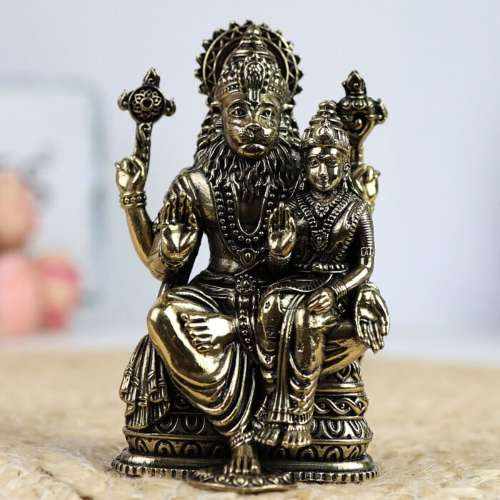 bhunes brass narasimha lakshmi swamy statue – handcrafted antique idol for puja, temple & home décor - light weighted,gold, 4 inch, 1 piece